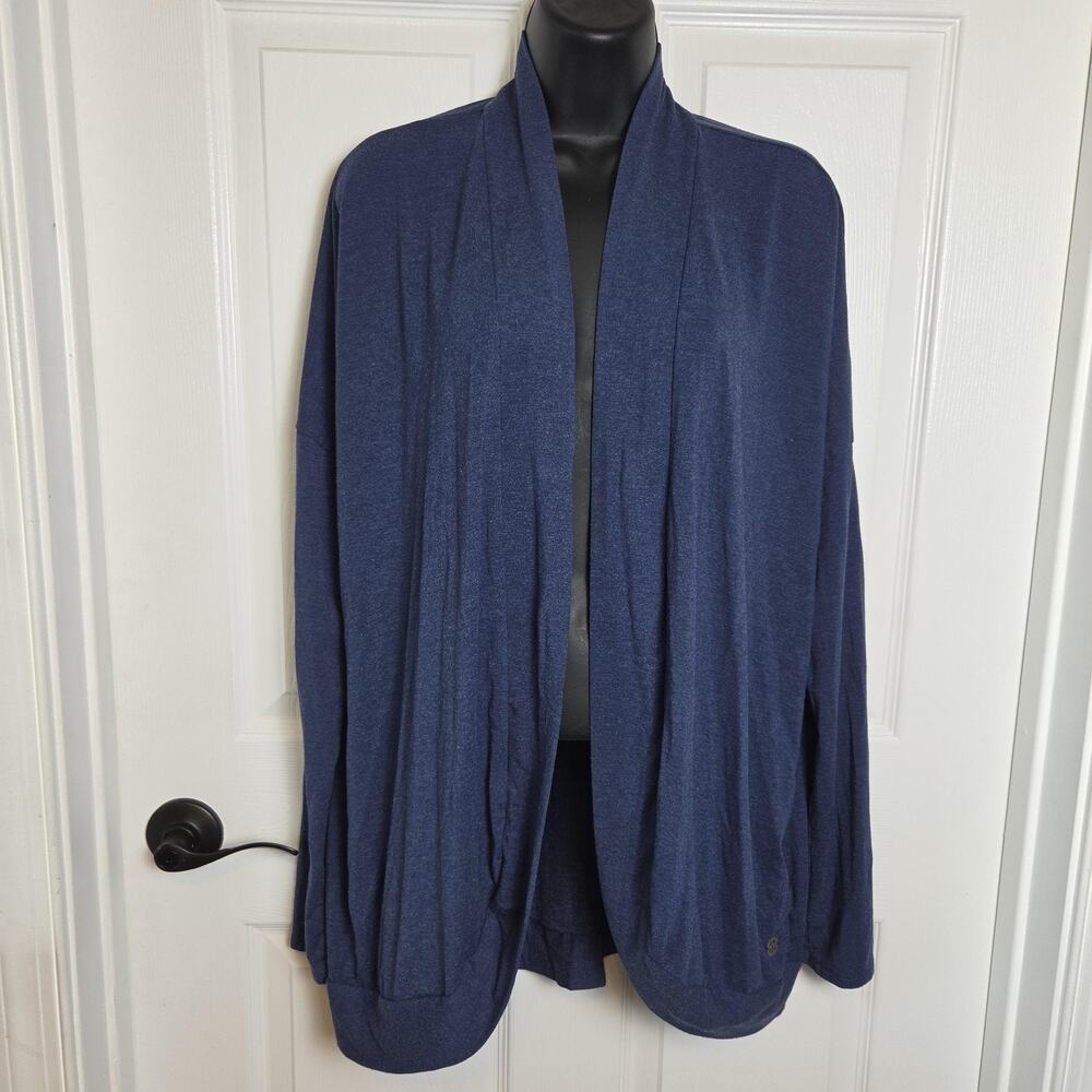 Life Is Good Cardigan Sweater Womens Large Blue Open Front Pockets Relaxed Knit